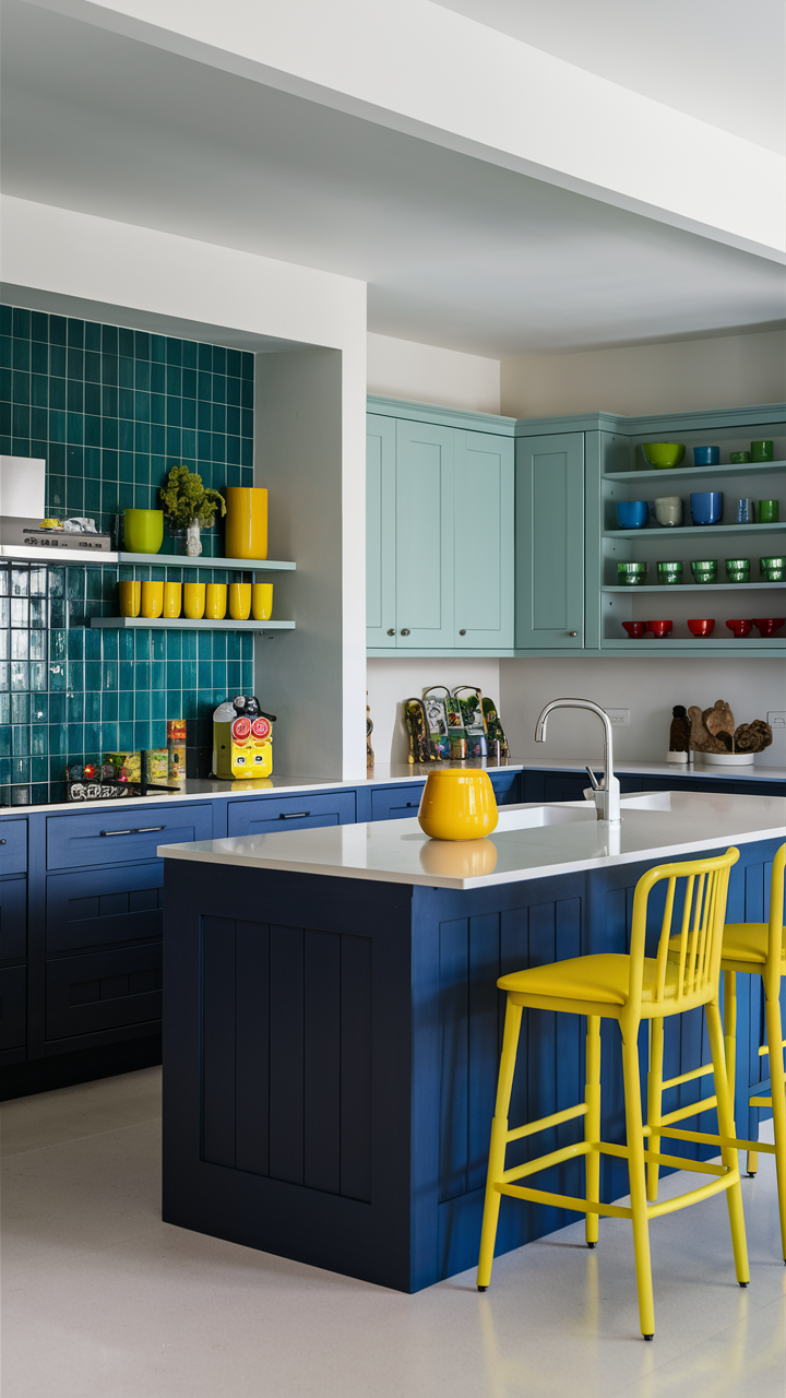 Colorful Open Kitchen with Bold Cabinet Choices
