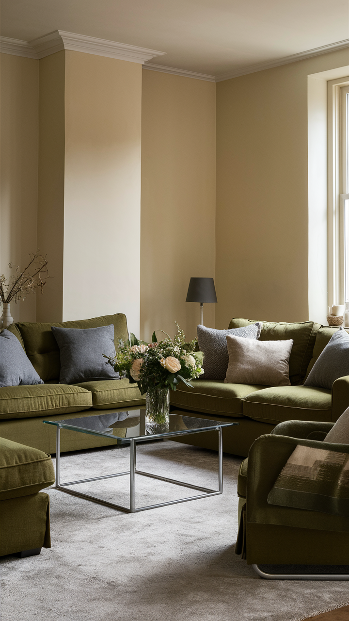 Olive Green Sofa and Armchair