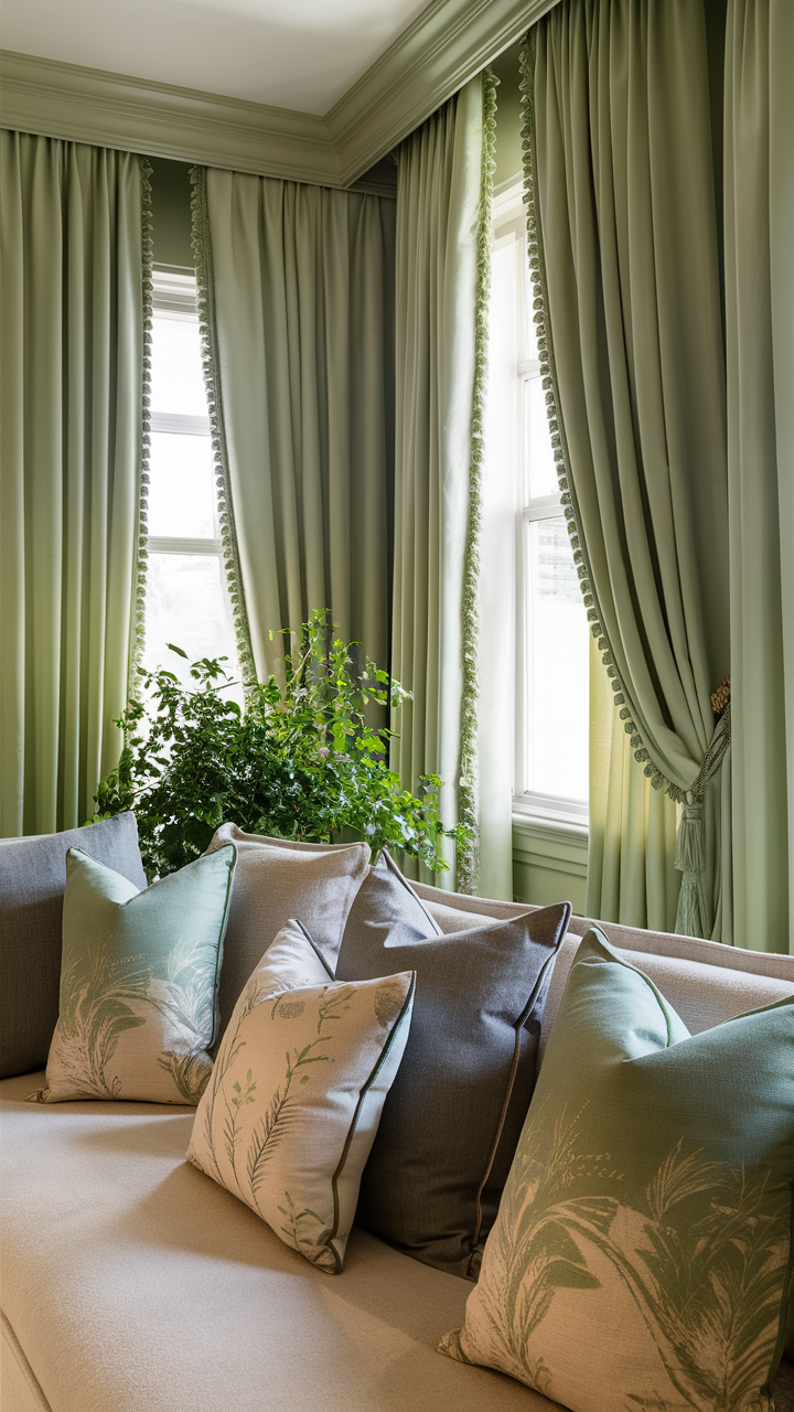 Green Curtains in Living Room