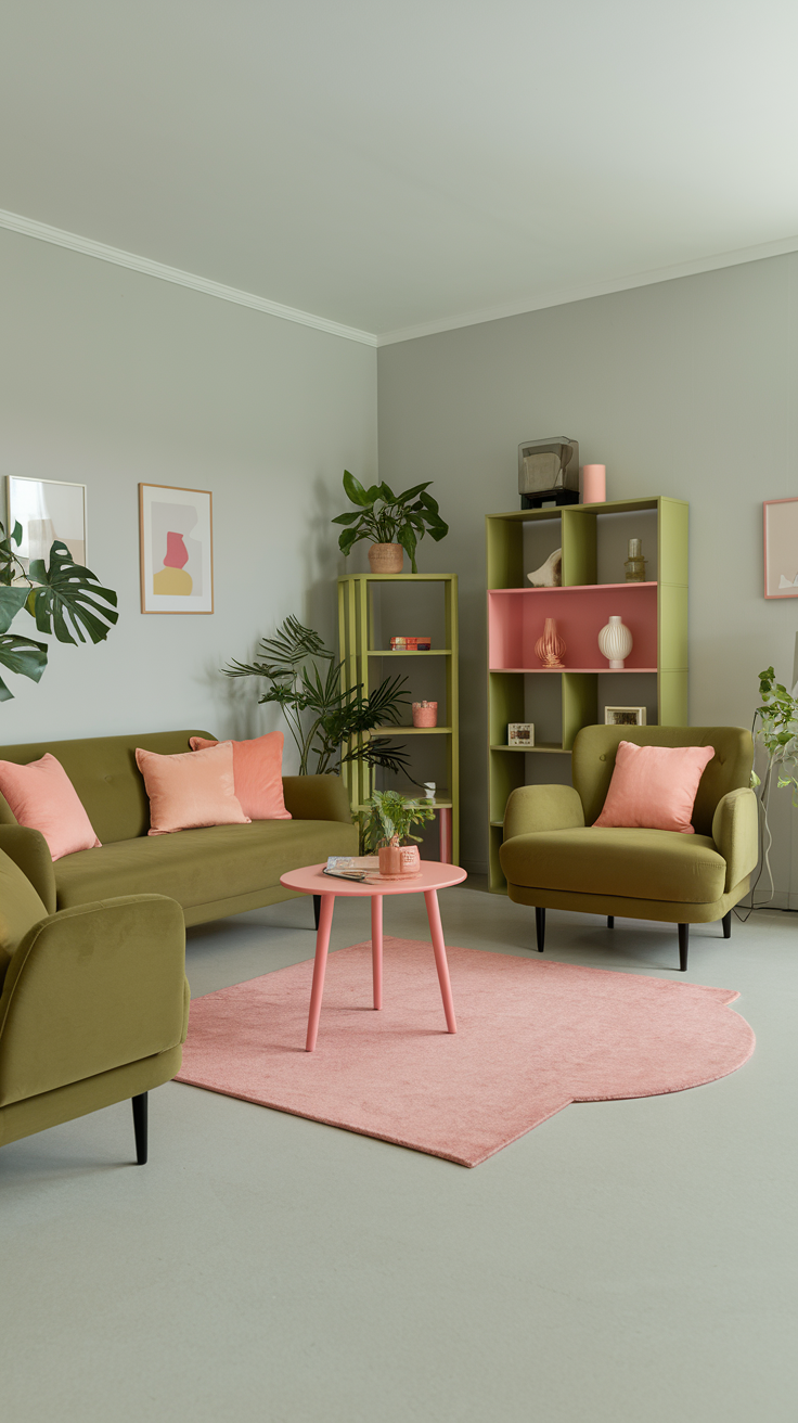 Green Living Room with Pastel Accents