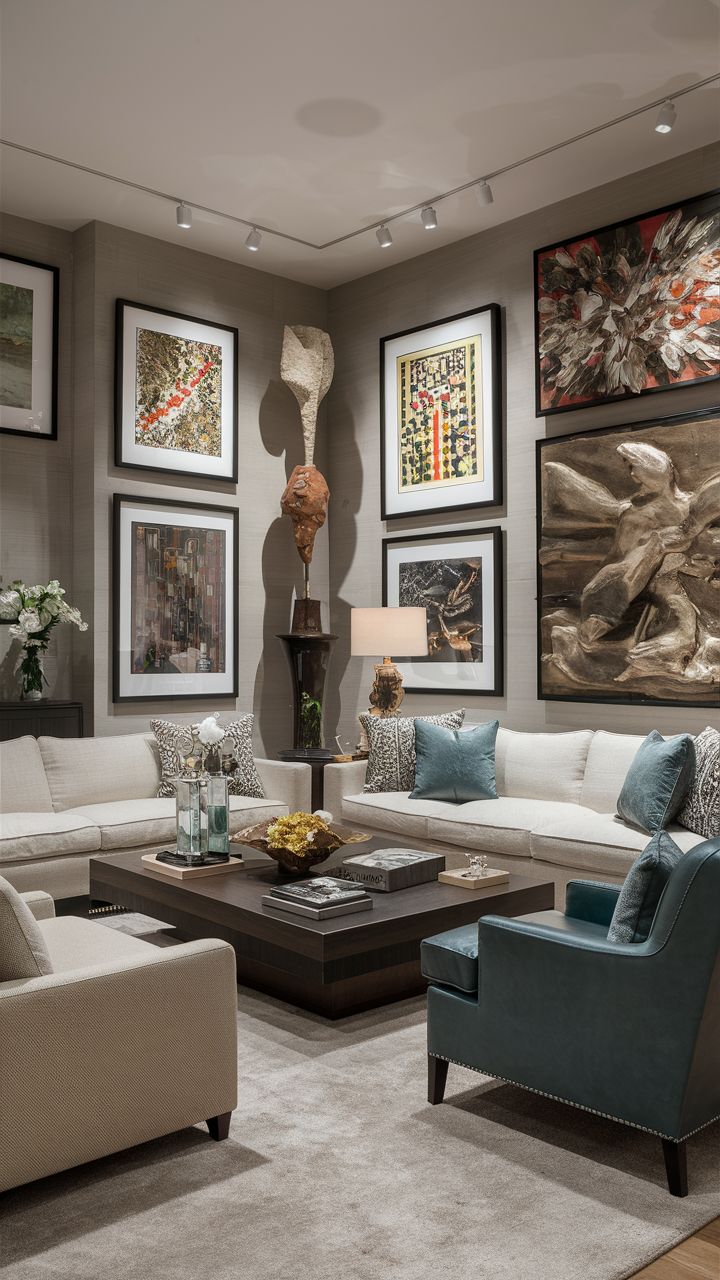 Artistic Family Room with Wall Art and Sculptures
