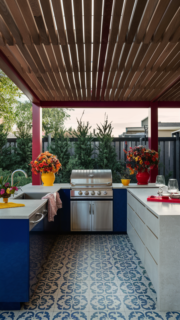 Backyard Kitchen with Bold Accent Colors
