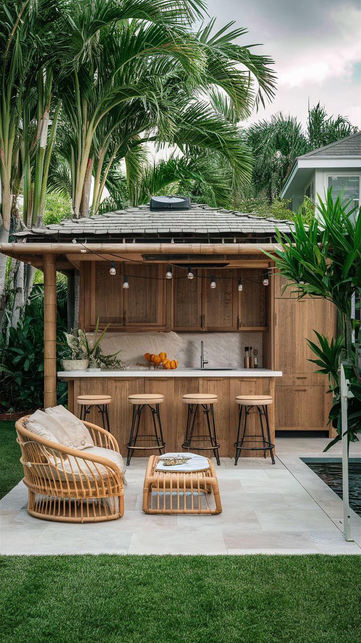 Tropical-Themed Backyard Kitchen with Bamboo Elements
