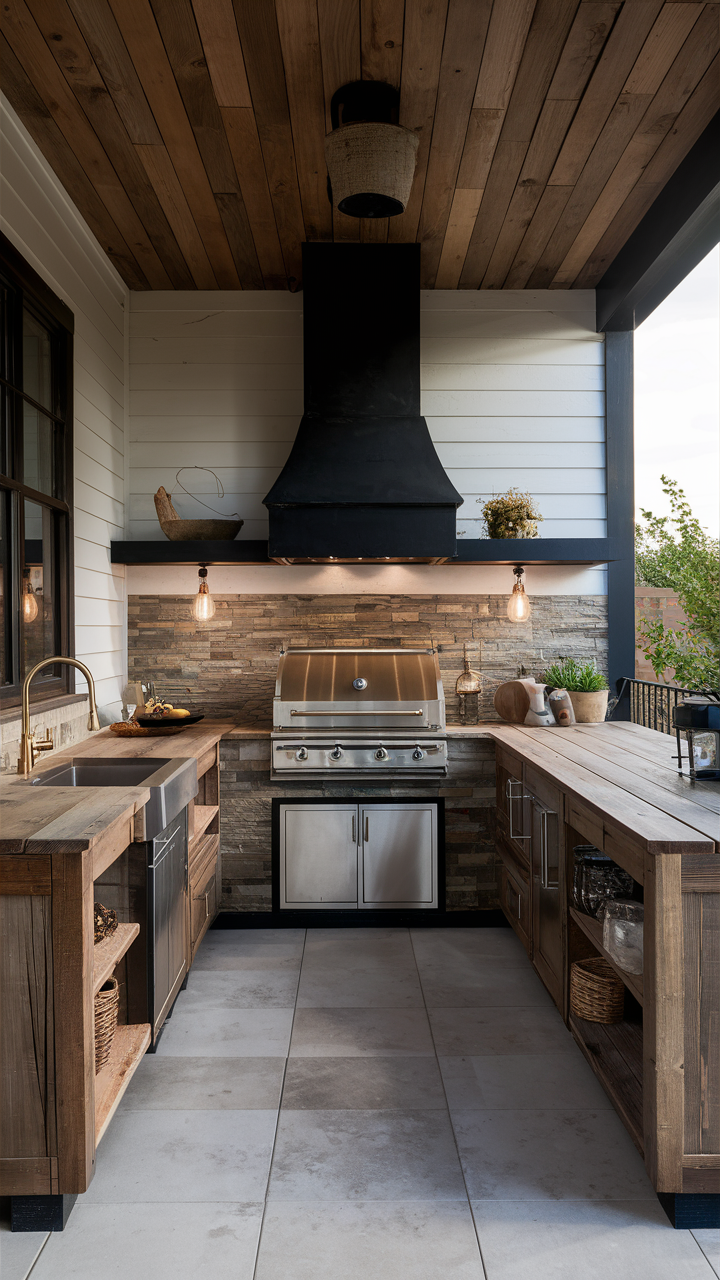Farmhouse-Inspired Outdoor Kitchen with Wooden Details