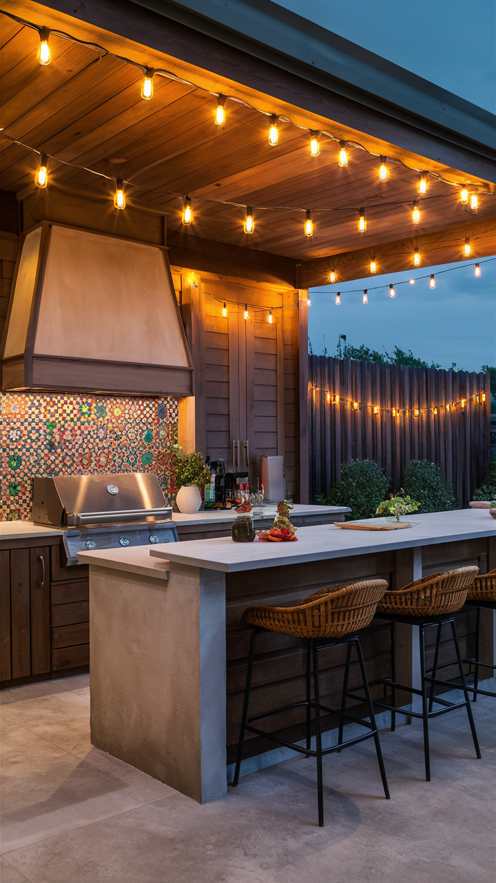 Backyard Kitchen with String Lights