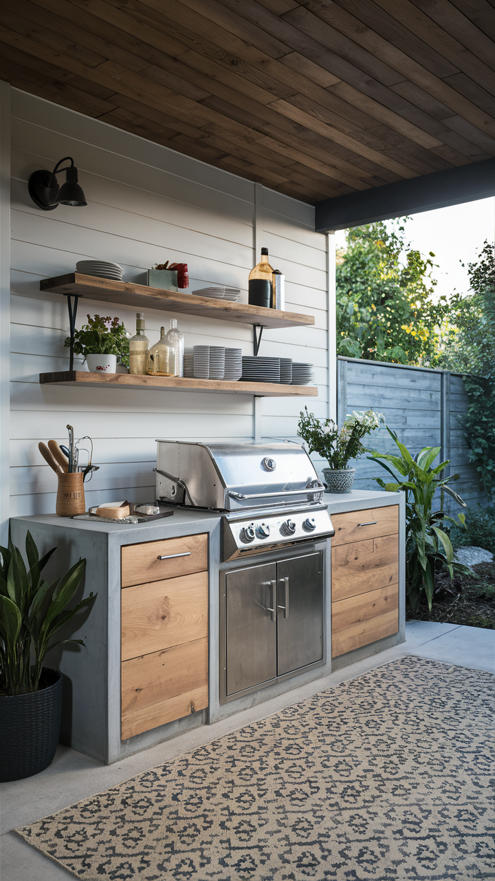 Backyard Kitchen with Floating Shelves for Extra Storage