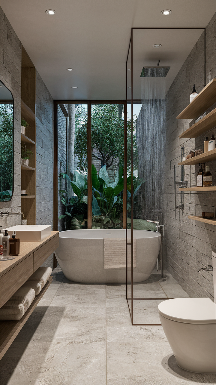 Spa-like bathroom with natural stone and wood accents