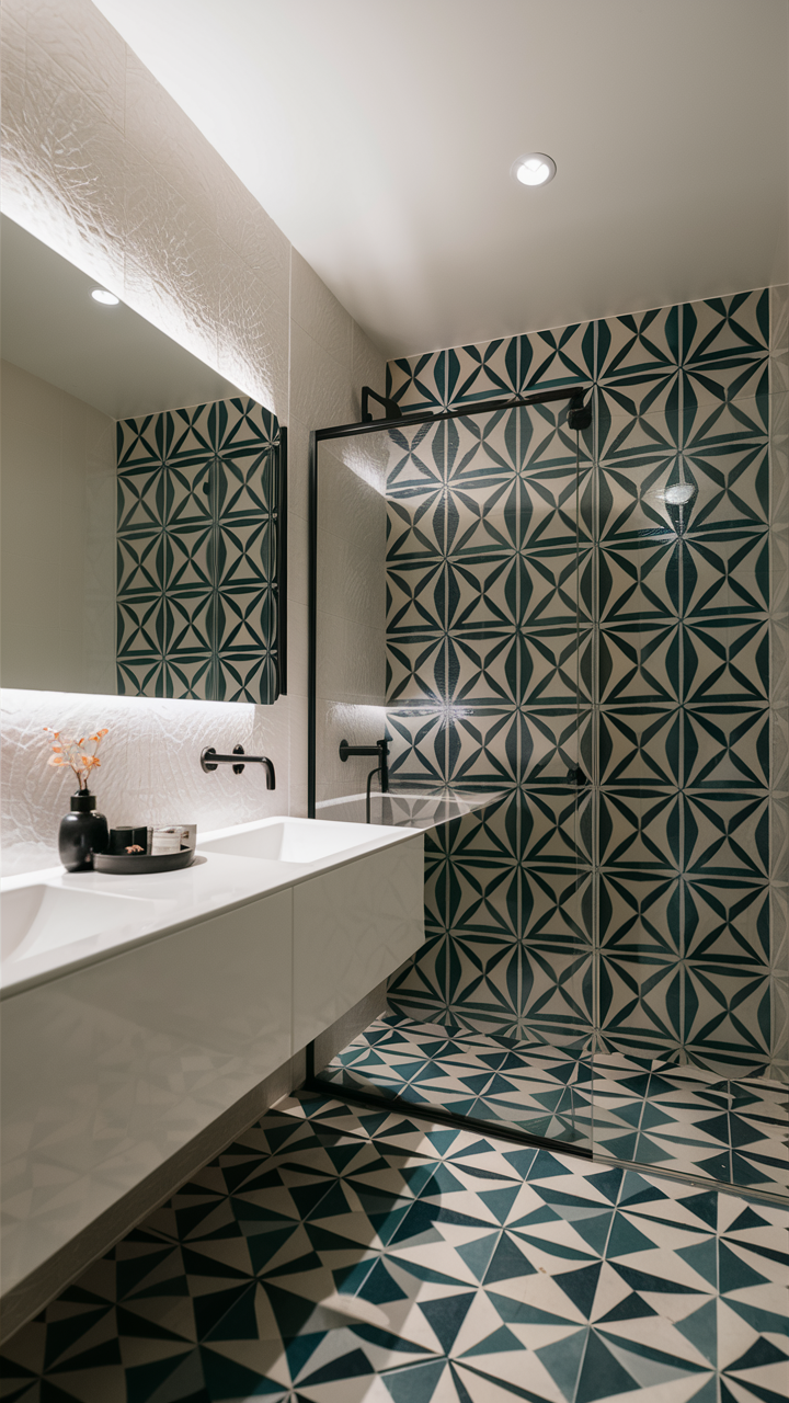 Bathroom with bold geometric tile patterns