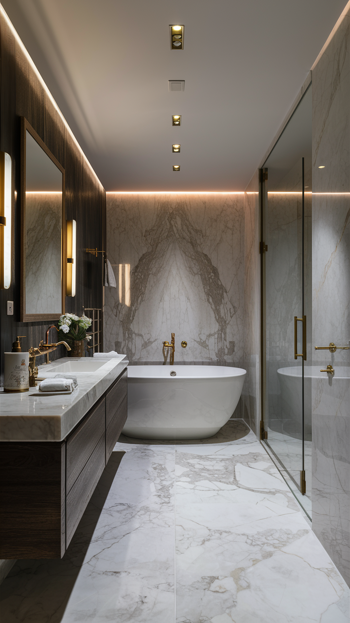 Luxurious marble bathroom with gold fixtures