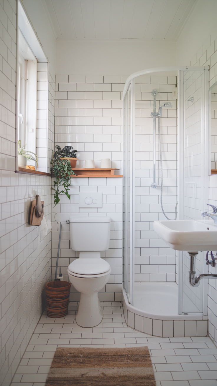 Scandinavian-inspired bathroom with light wood and white tiles