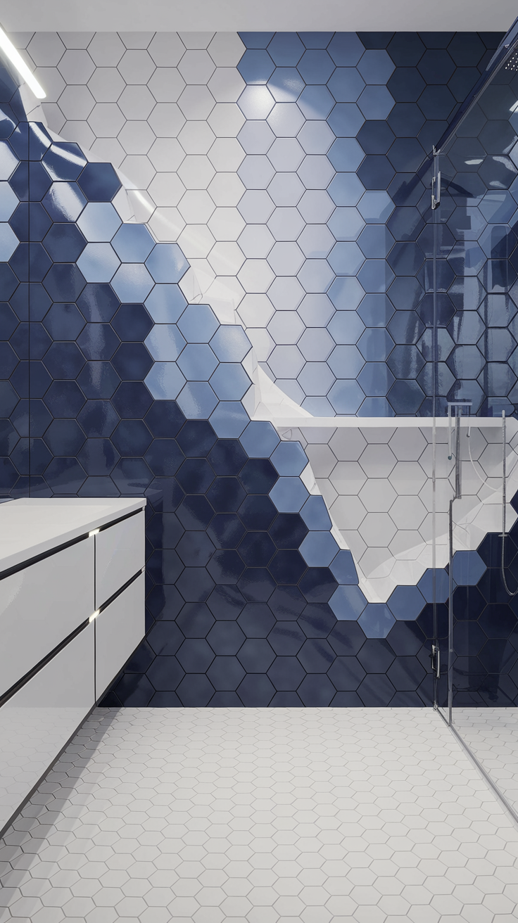 Bathroom with geometric tile designs