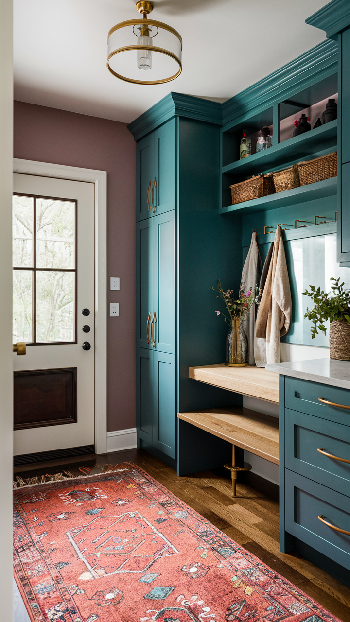 Colorful Mudroom with Bold Cabinetry