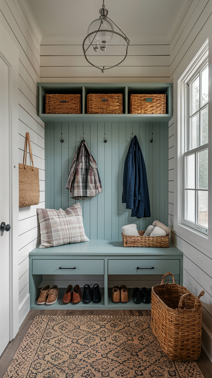 Cottage-Style Mudroom with Shiplap Walls