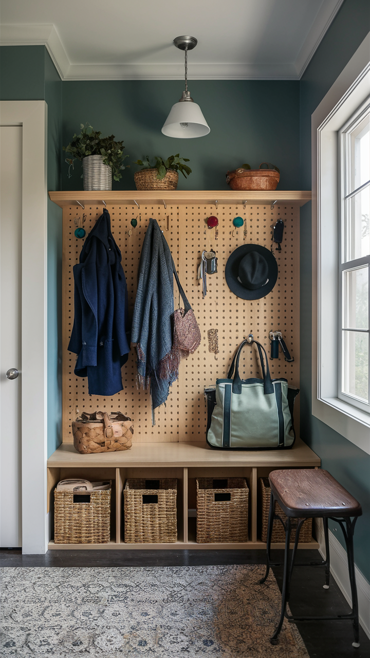 Mudroom with Wall-Mounted Pegboards