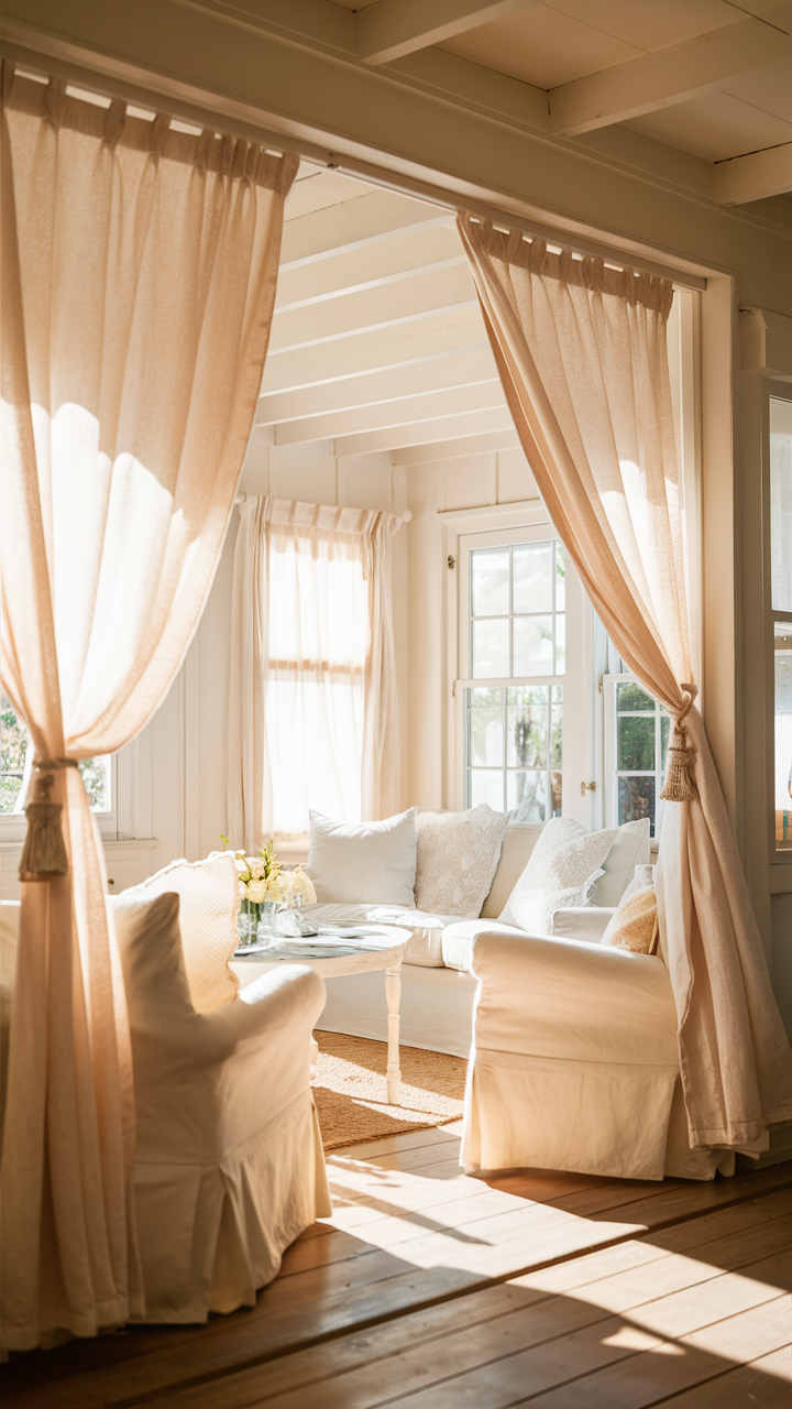Light Curtains in Cottage Living Room