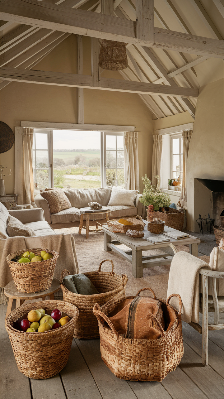 Woven Baskets in Cottage Living Room