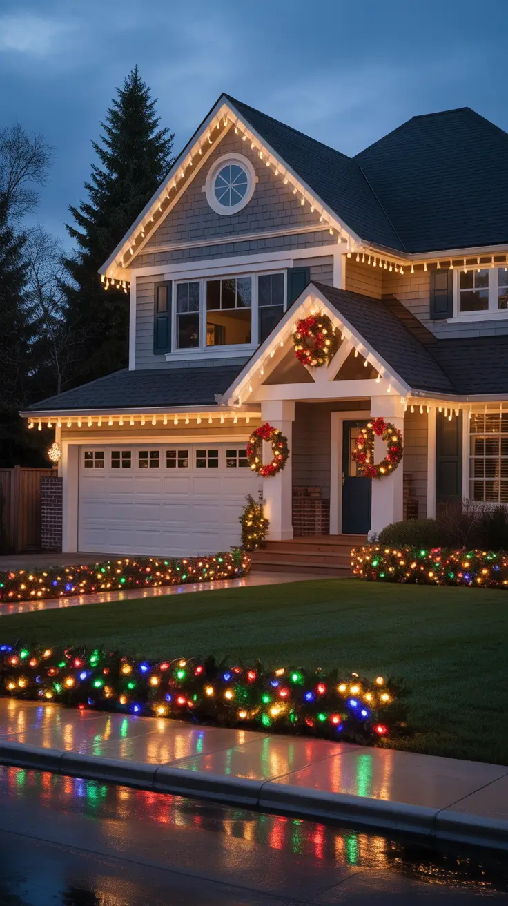Layered Christmas Lighting on House Exterior