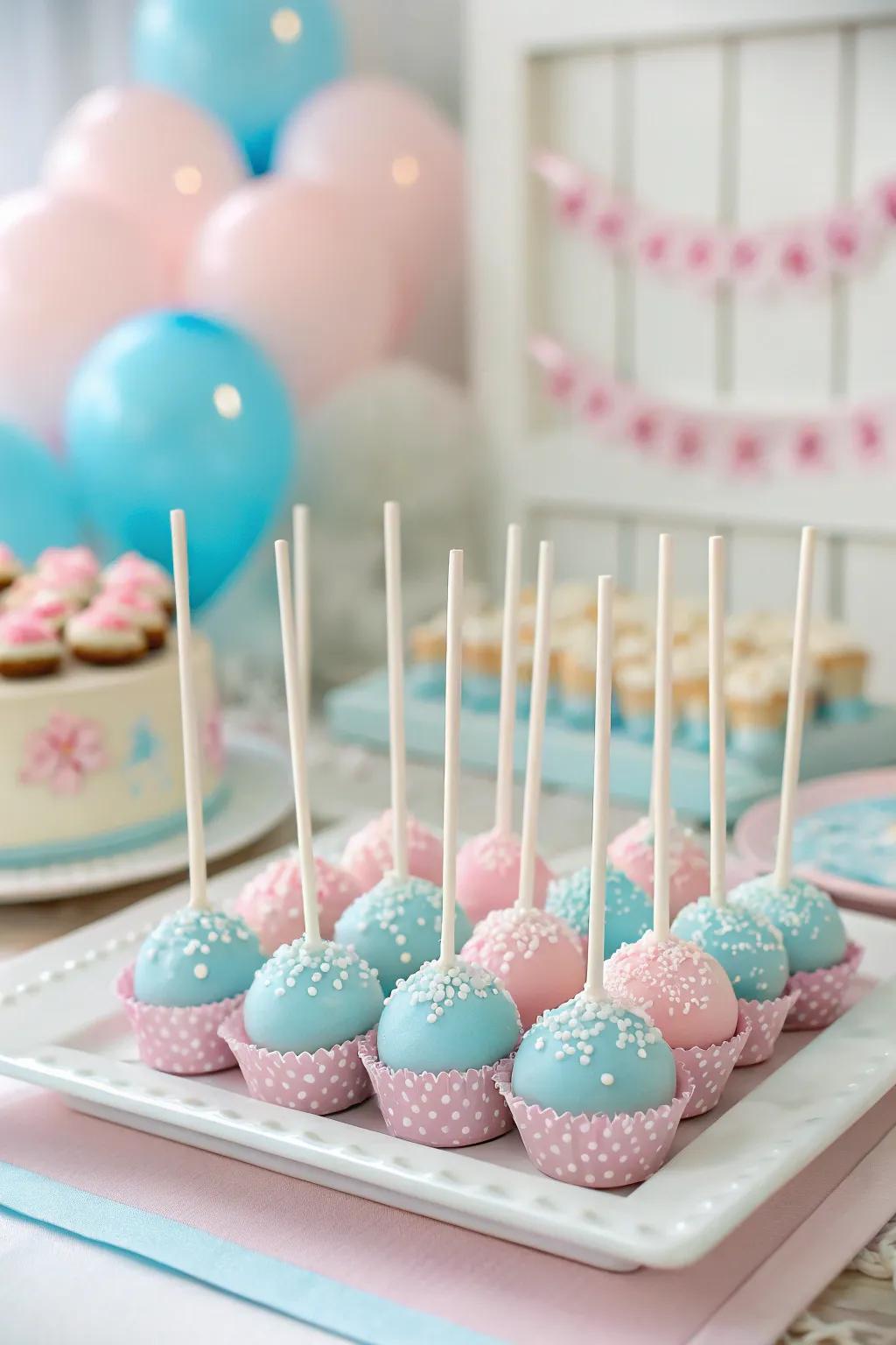 Timeless blue and pink cake pops ideal for baby showers.