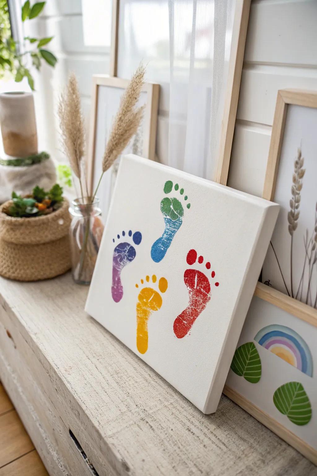 Celebrate your baby's first steps with a colorful rainbow trail of footprints, combining simple elegance with a bohemian vibe.