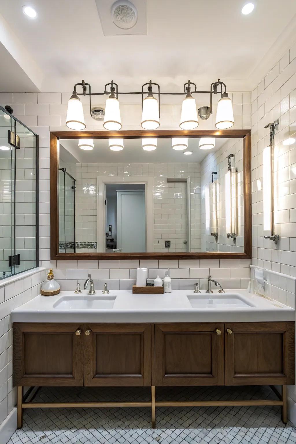 Reflective fixtures enhance brightness and create a spacious feel.
