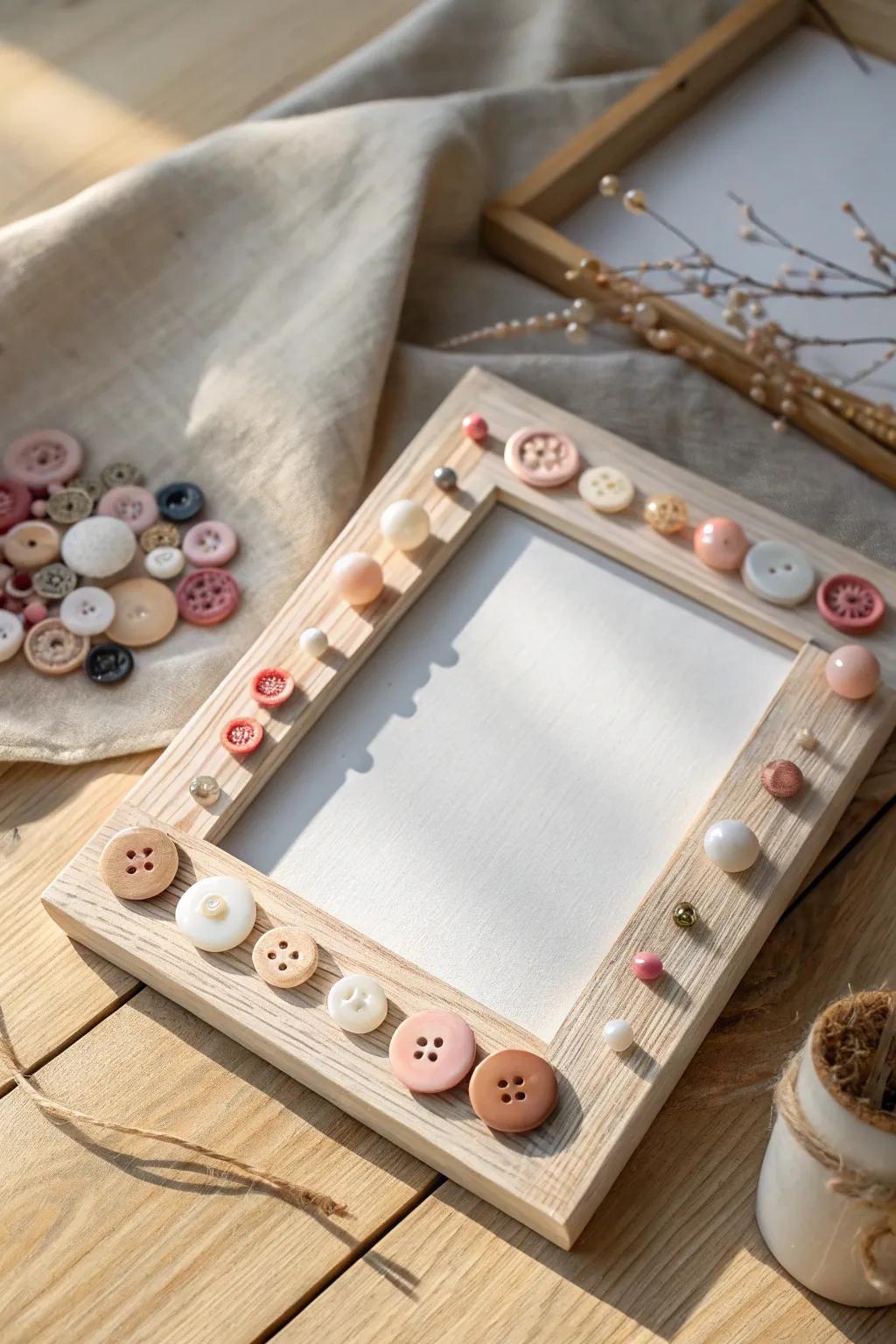 Elegant minimalist button and bead frame perfect for a heartfelt Mother's Day present.