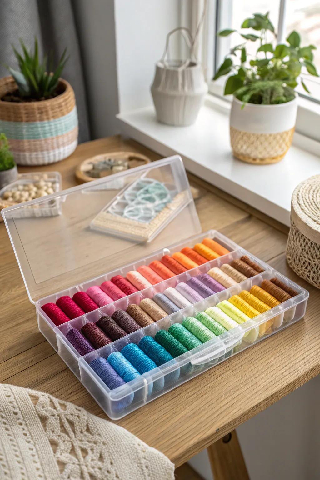 Elegant thread storage using clear acrylic boxes for easy color visibility.