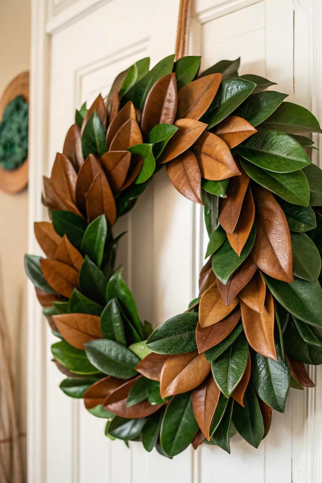 Create striking depth with a dual-toned magnolia leaf wreath.