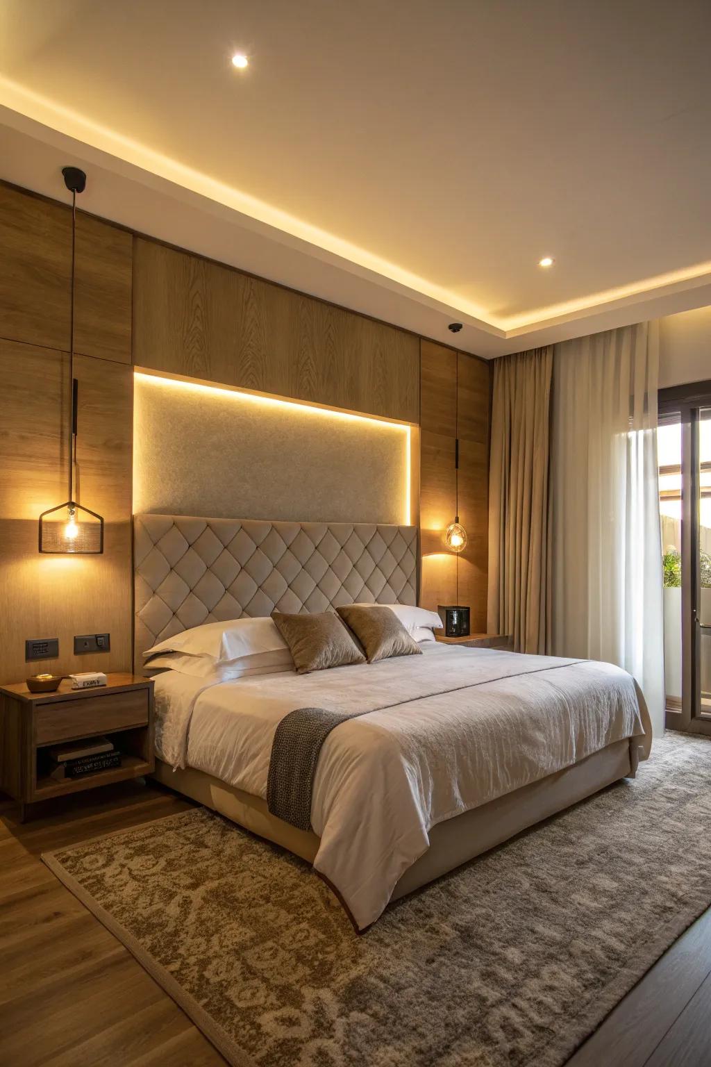 Streamlined lighting integrated into headboard.