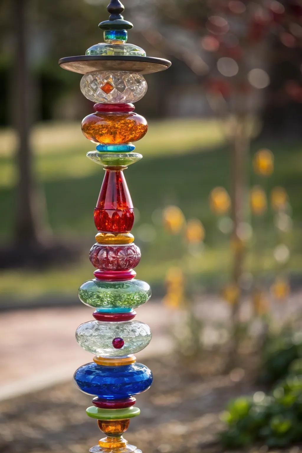 Colorful glass totems brighten up the garden space.