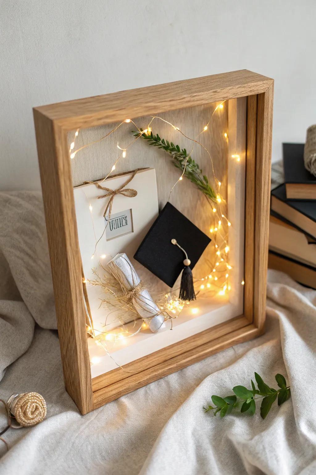 Showcase your success with a glowing graduation shadow box that highlights your accomplishments.