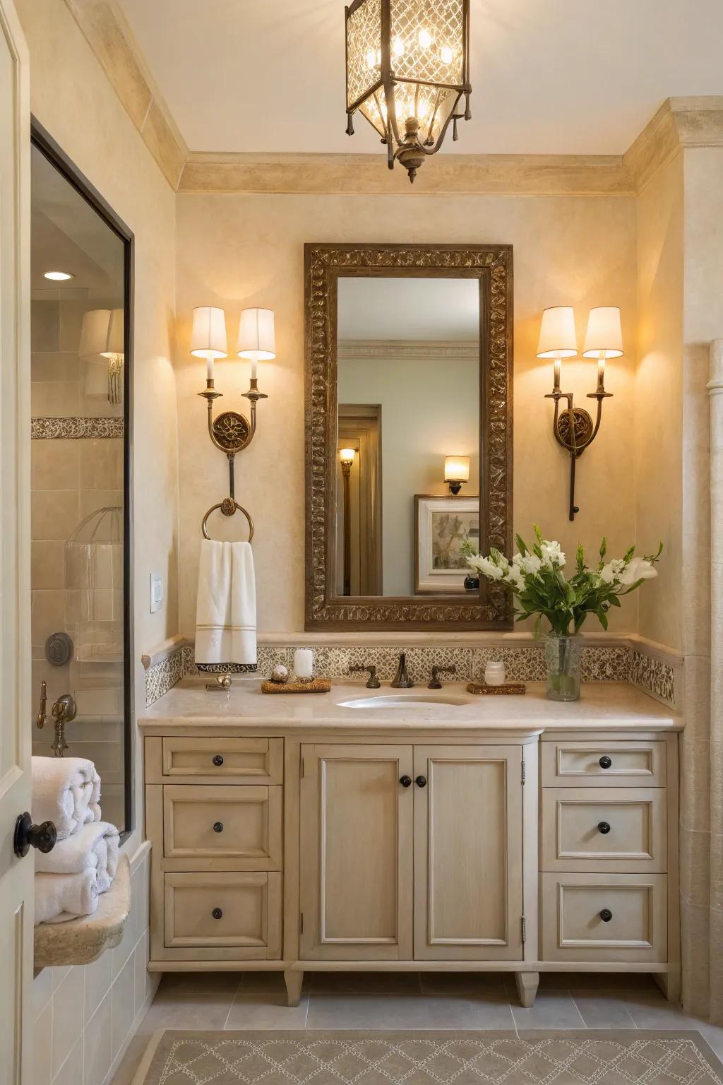 Sophisticated lighting fixtures elevate the neutral bathroom design.