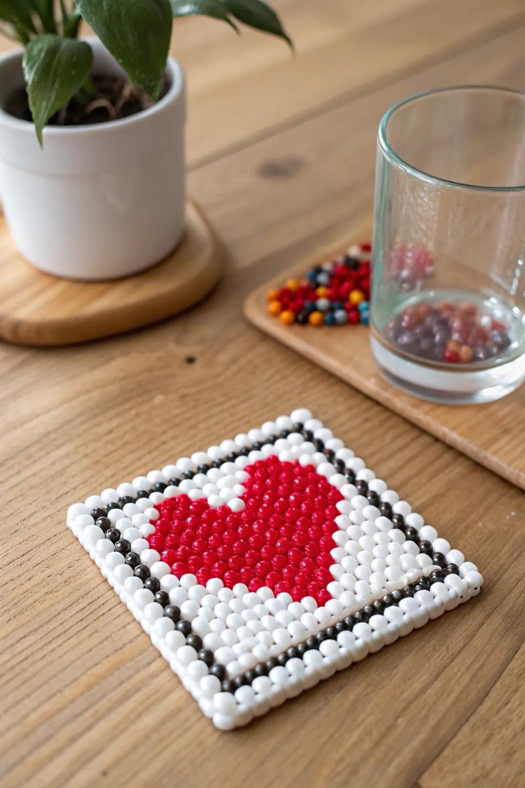 Minimalist pixel art recreated with beads.