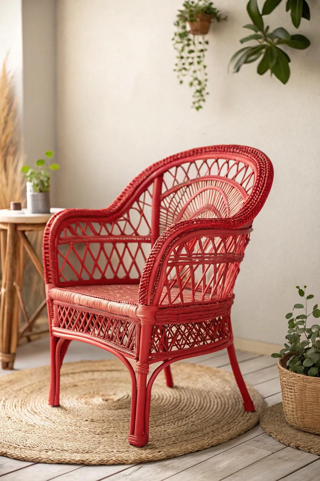 Vibrant red-painted wicker furniture that instantly draws the eye and energizes any room.