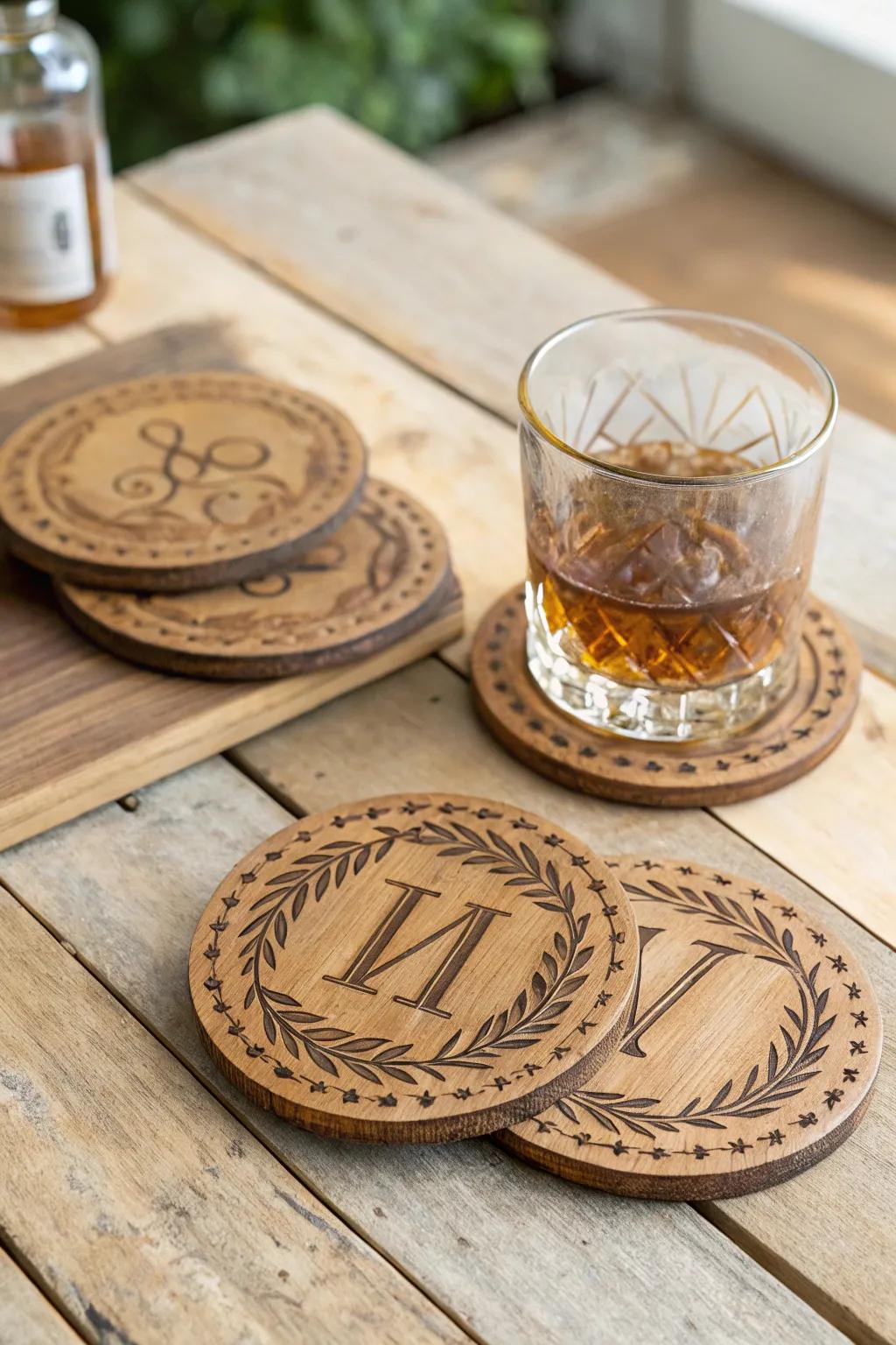 Custom wooden coasters bring sophistication to any social occasion.