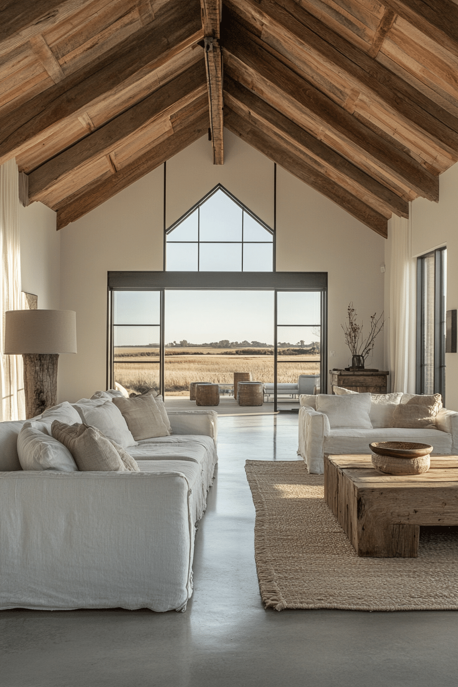 Modern barn style house with large windows and natural materials