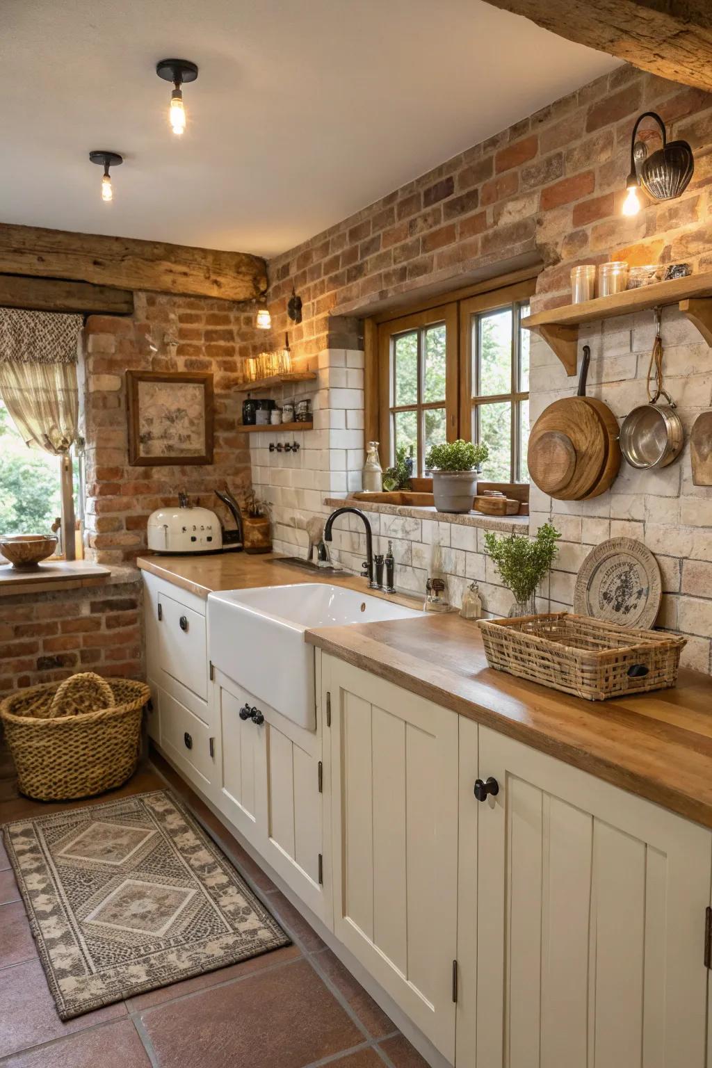 Rustic textured backsplashes add character and depth.