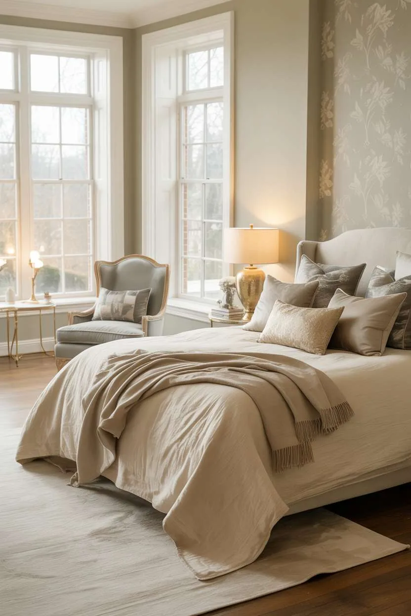 Elegant bedroom with sage green walls, cream linen bedding, and hardwood floors illuminated by natural light