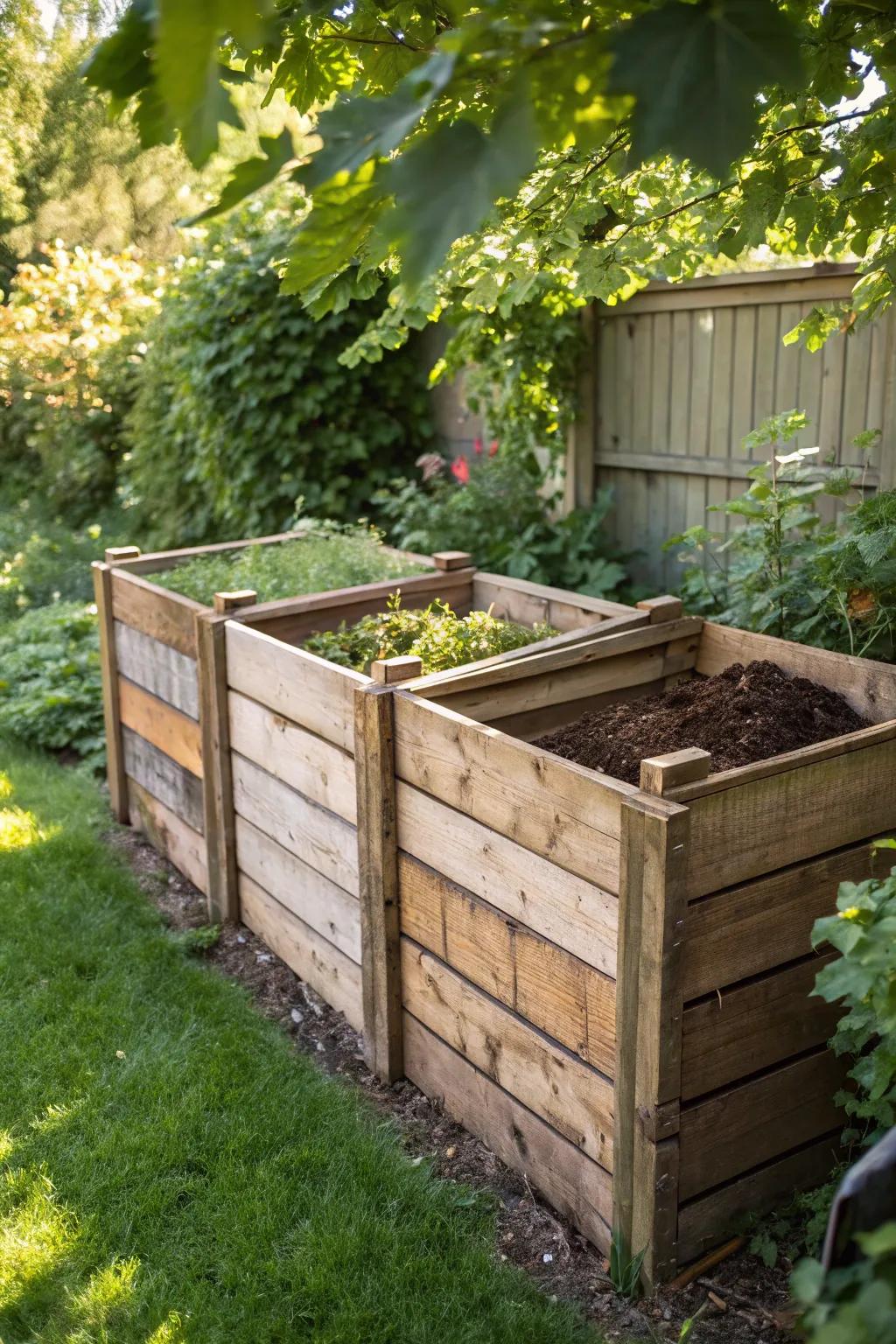 Upgrade your composting with a custom-built tiered composting station combining efficiency and style.