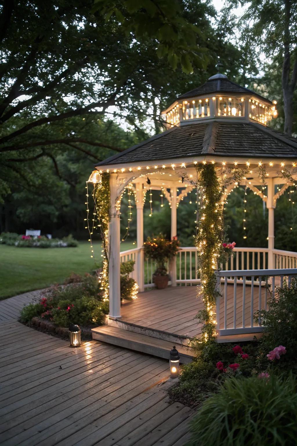 String lights wrapped around a gazebo creating a cozy ambiance.