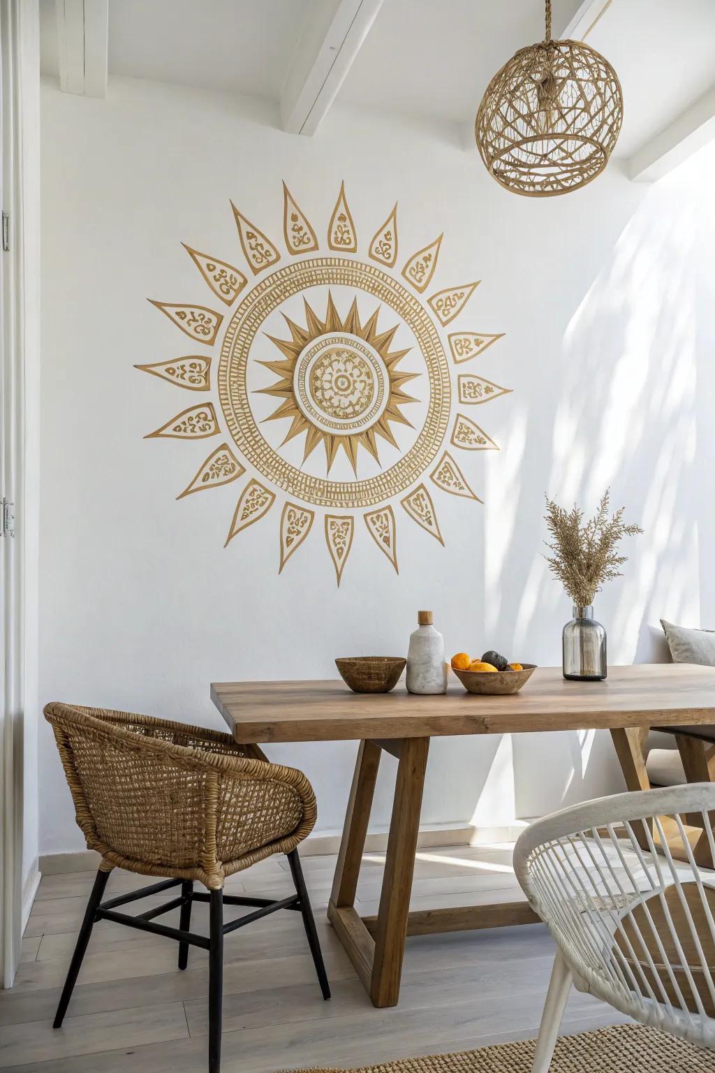 Add warmth and sophistication to your dining area with a radiant sunburst stencil design.