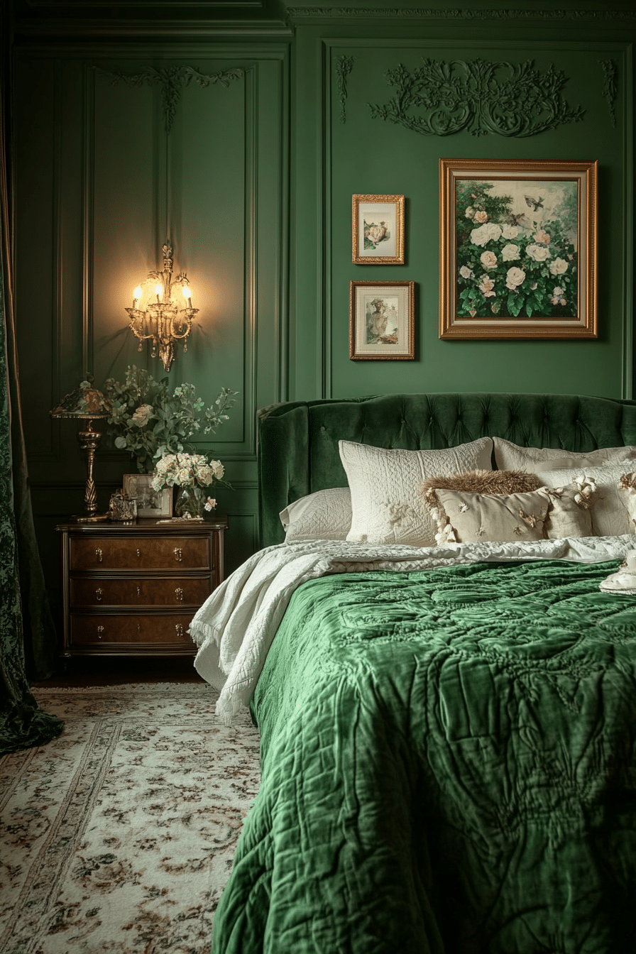 Emerald green bedroom with gold accents