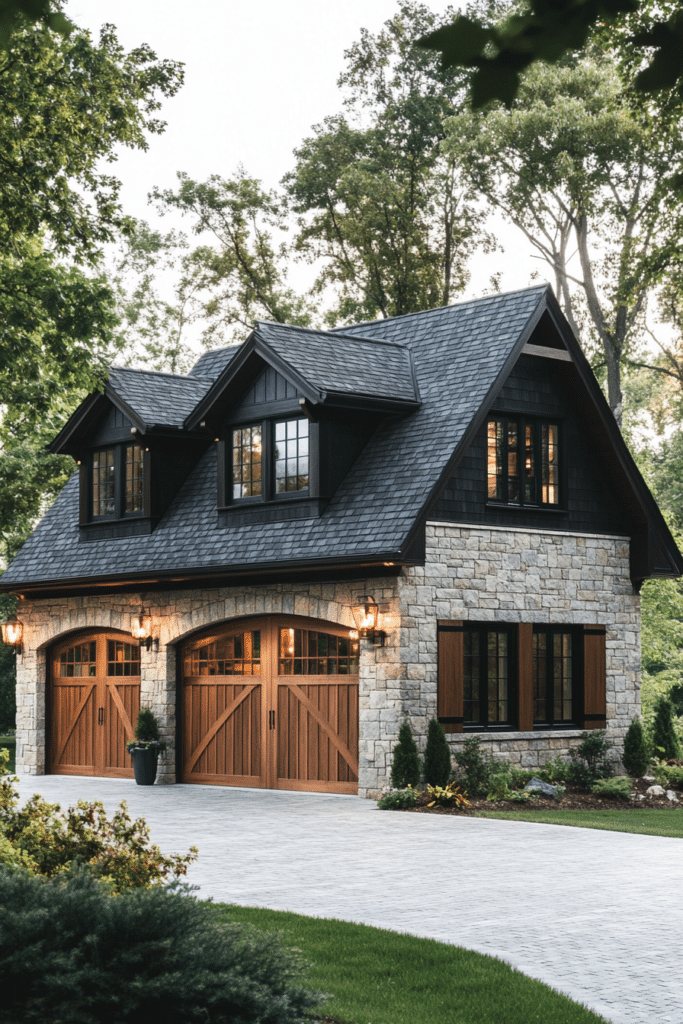 Stone Accents Farmhouse Garage