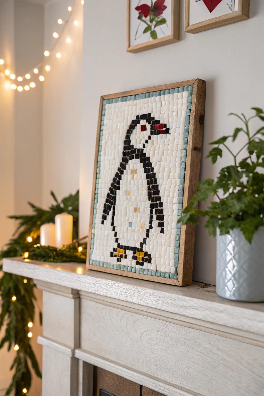 Winter-themed pixel penguin artwork combining simplicity and creativity.