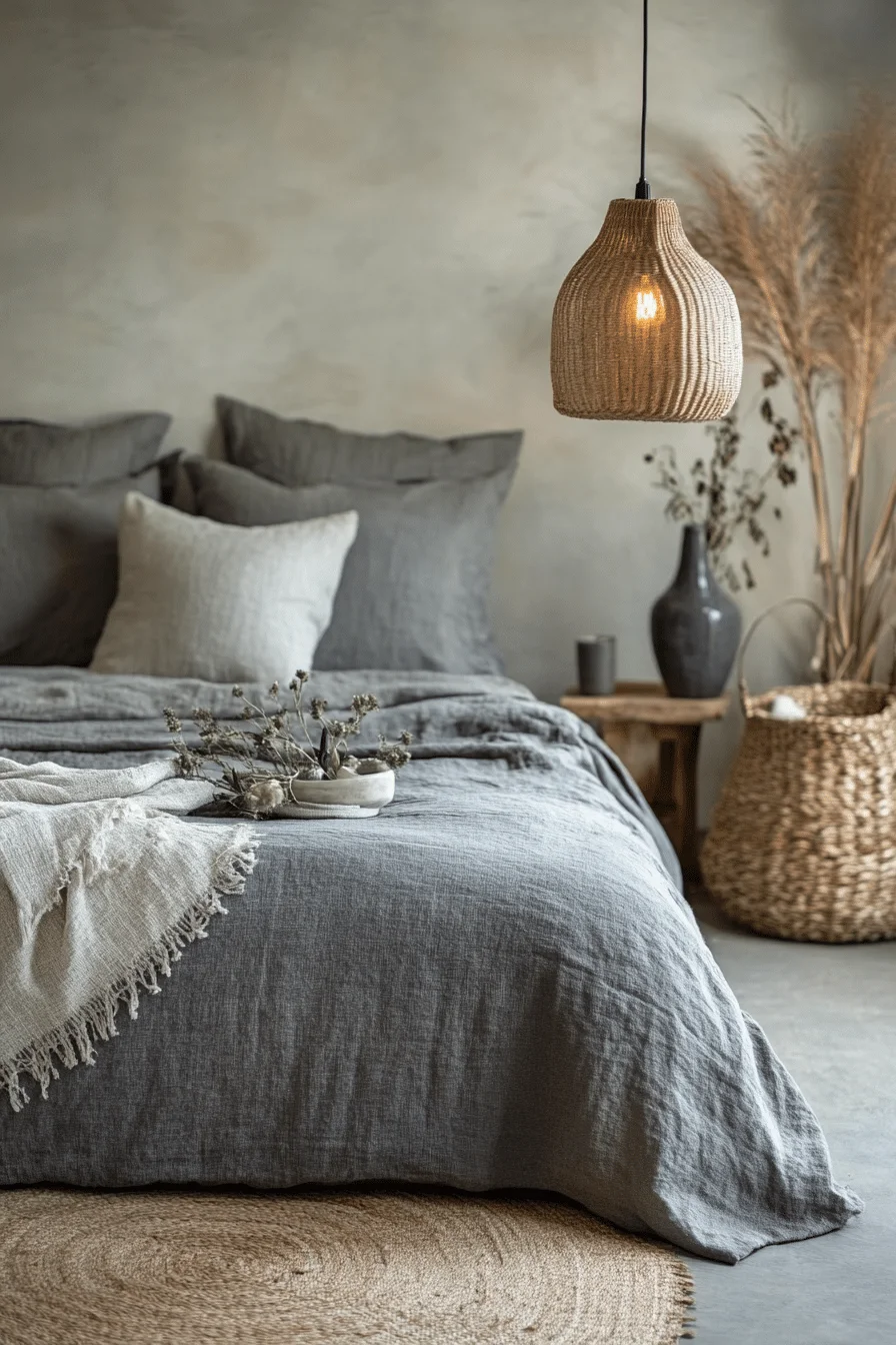 Grey boho bedroom with layered textiles
