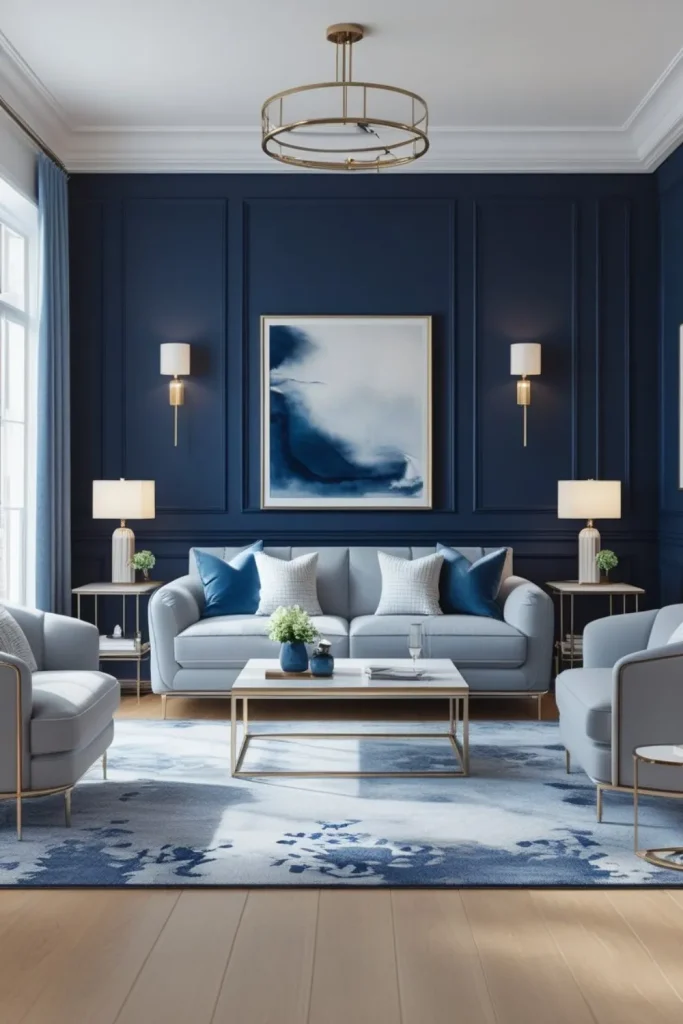 Navy Blue Accent Wall with Light Grey Furniture