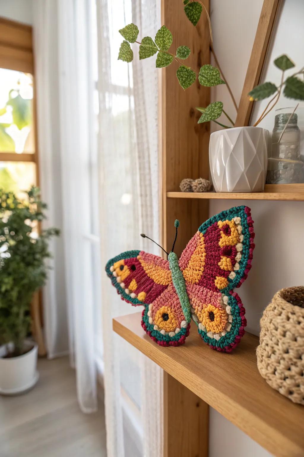Experience the wonder of transformation with a colorful crocheted butterfly, adding charm to any peaceful setting.