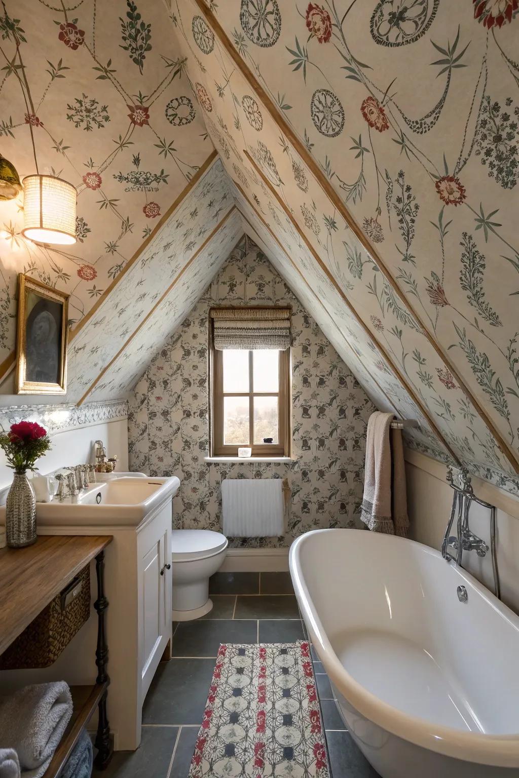 Whimsical patterned wallpaper on the ceiling brightens this attic bathroom.