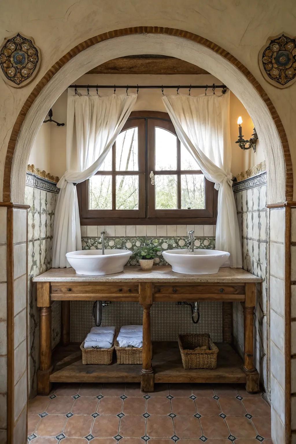 Elegant arched alcove with double sinks enhancing both style and utility.