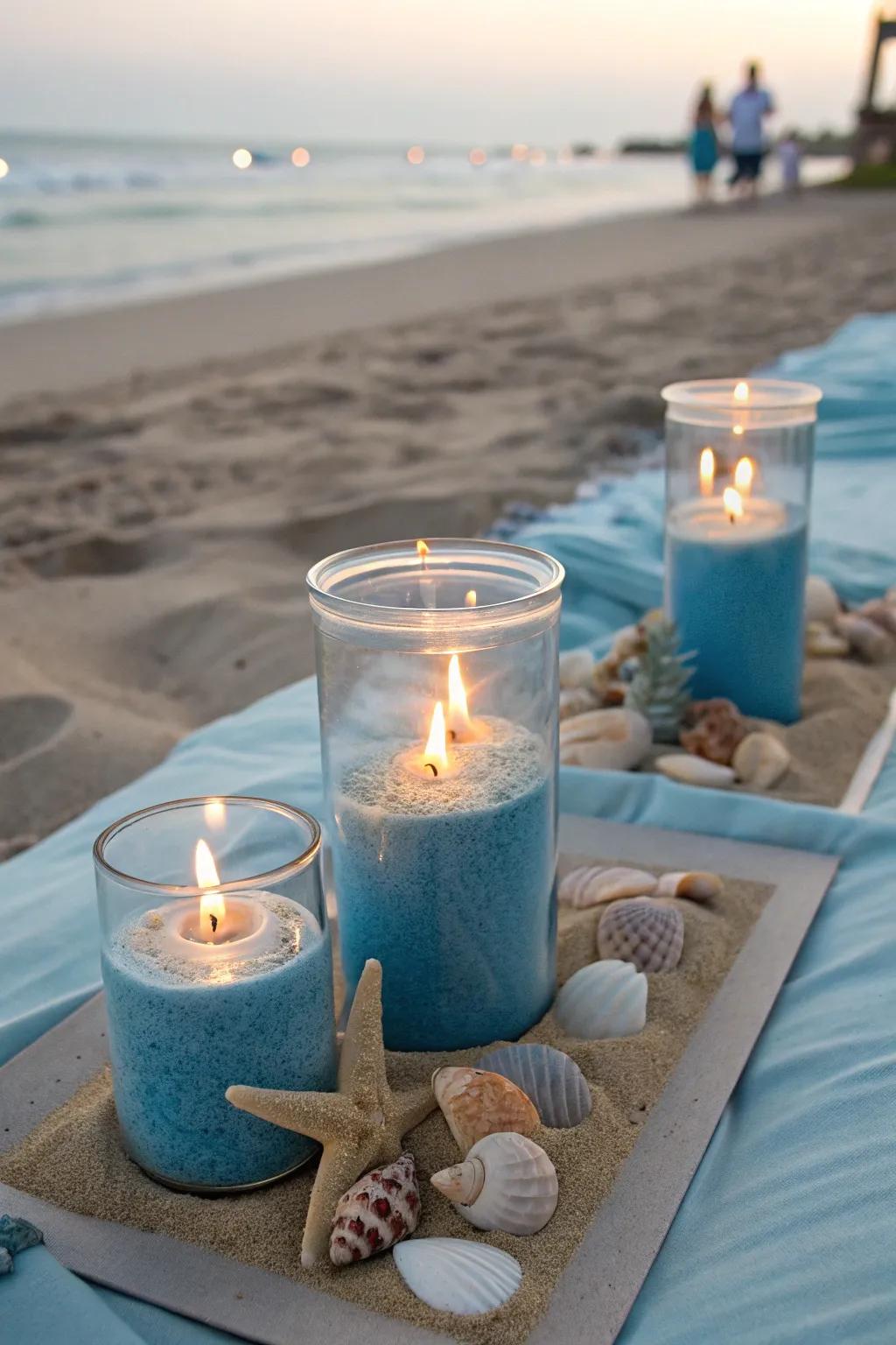Craft a serene coastal ambiance with blue candles and seaside decor.