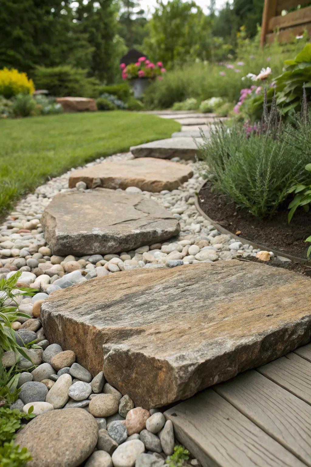 Granite slabs paired with natural pebbles in a rustic garden setting.